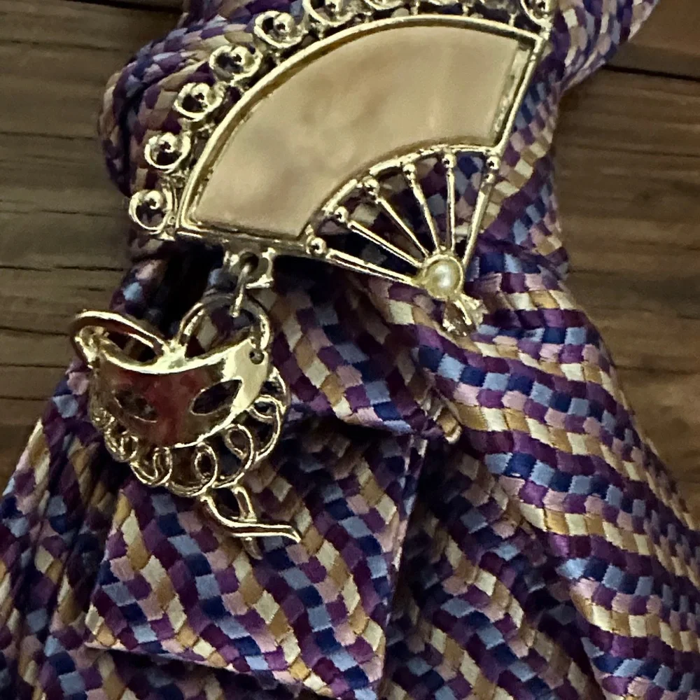 Purple and Gold Beaded Necklace with silk tie & Brooch